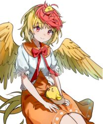 Rule 34 | 1girl, animal, animal on head, bird, bird on head, bird wings, blonde hair, blush, breasts, closed mouth, dress, feathered wings, highres, maisuiren, multicolored hair, niwatari kutaka, on head, orange dress, red eyes, red hair, shirt, short hair, short sleeves, simple background, small breasts, smile, solo, touhou, two-tone hair, white background, white shirt, wings, yellow wings