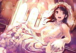 Rule 34 | 1girl, bad id, bad pixiv id, bare arms, dress, elbow gloves, gloves, holding hands, headdress, long hair, looking at viewer, open mouth, original, pov, red eyes, red hair, ryuji (ikeriu), solo focus, torn clothes, wedding dress, white dress