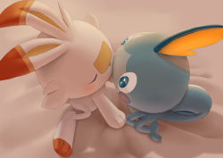 Rule 34 | bed sheet, blue eyes, blush, bright pupils, commentary request, creature, creatures (company), closed eyes, from above, game freak, gen 8 pokemon, highres, kiss, looking at another, nintendo, no humans, pokemon, pokemon (creature), purobe, scorbunny, sitting, sobble, toes, white pupils