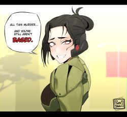 Rule 34 | 1girl, absurdres, armor, black hair, commentary, constricted pupils, english commentary, english text, engrish text, evil grin, evil smile, fang, folded ponytail, genderswap, genderswap (mtf), green armor, grin, hair pulled back, headset, highres, letterboxed, looking at viewer, max0r, meme, metal gear (series), metal gear rising: revengeance, non porn, power armor, ranguage, red eyes, rumi (rumigawa31), samuel rodrigues, short hair, smile, solo, updo