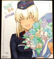 Rule 34 | 10s, 1girl, :d, black hat, black jacket, blonde hair, blue flower, blue rose, blush, bouquet, breast pocket, character name, character request, closed eyes, dated, facing viewer, fingernails, flower, girls und panzer, hair between eyes, hat, highres, holding, jacket, long hair, long sleeves, marker (medium), nakamura yukitoshi, open mouth, photo (medium), pocket, purple flower, purple rose, rose, signature, smile, solo, traditional media, yellow flower, yellow rose