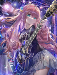 Rule 34 | 2girls, black shirt, blue eyes, bocchi the rock!, breasts, closed mouth, cowboy shot, dice hair ornament, floating hair, gotoh hitori, grey skirt, guitar, hair between eyes, hair ornament, highres, holding, holding instrument, indoors, instrument, jacket, kita ikuyo, long hair, long sleeves, looking at viewer, medium breasts, miniskirt, multiple girls, off shoulder, one side up, open clothes, open jacket, pink hair, pink jacket, pleated skirt, red hair, shirt, skirt, stage lights, standing, torino aqua, very long hair