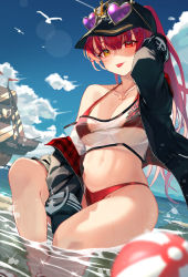 Rule 34 | 1girl, absurdres, anchor print, anchor symbol, ball, baseball cap, bikini, bikini under clothes, bird, black hat, black jacket, blue sky, blurry, blush, breasts, cloud, commentary request, crop top, day, depth of field, eyewear on headwear, hand up, hat, heart, heart-shaped eyewear, heart necklace, heterochromia, highres, hololive, houshou marine, houshou marine (summer), jacket, jewelry, lens flare, long hair, looking at viewer, medium breasts, navel, necklace, ocean, off shoulder, official alternate costume, pirate ship, ponytail, red bikini, red eyes, red hair, roco (rocoroco1115), see-through, see-through shirt, sitting, skindentation, sky, soaking feet, solo, strap gap, sunglasses, swimsuit, tongue, tongue out, virtual youtuber, water, yellow eyes