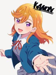 Rule 34 | 1girl, :d, blazer, blue jacket, blush, character name, commentary request, dress, grey shirt, grey vest, haaam, highres, jacket, long sleeves, looking at viewer, love live!, love live! superstar!!, medium hair, neck ribbon, open clothes, open jacket, open mouth, orange hair, pinafore dress, purple eyes, red ribbon, ribbon, school uniform, shibuya kanon, shirt, simple background, sleeveless dress, smile, solo, teeth, upper teeth only, vest, white background, white shirt, yuigaoka school uniform