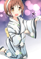 Rule 34 | 10s, 1girl, absurdres, anklet, arm grab, blurry, blush, bokeh, brown eyes, brown hair, commentary request, depth of field, hairband, highres, japanese clothes, jewelry, kantai collection, kimono, kneeling, natori (kancolle), open mouth, ryuki (ryukisukune), sandals, short hair, solo focus, translation request, wide sleeves, yukata