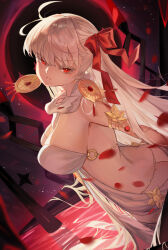 Rule 34 | 1girl, armlet, ass, bare shoulders, blush, body markings, breasts, butt crack, cleavage, collarbone, colored skin, durga (fate), earrings, eclipse, facial mark, fate/grand order, fate (series), forehead mark, gradient skin, grey hair, hair ribbon, highres, jewelry, large breasts, long hair, looking at viewer, m0 chi, pelvic curtain, red eyes, red skin, revealing clothes, ribbon, sash, snake, solo, very long hair, wading, water, weapon