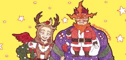 Rule 34 | 2boys, animal costume, antlers, arm grab, beard, boku no hero academia, christmas, couple, endeavor (boku no hero academia), facial hair, feathered wings, fire, hawks (boku no hero academia), horns, large pectorals, looking at viewer, male focus, mature male, multiple boys, muscular, muscular male, pectorals, popo take, reindeer antlers, reindeer costume, scar, scar across eye, scar on face, short hair, sideburns, spiked hair, straight-on, stubble, sweater, upper body, wings, yaoi