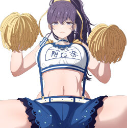Rule 34 | 1girl, arimon (dfrgty12), asahina mafuyu, bare arms, bare shoulders, belt, blue choker, blue shorts, bow, breasts, cheerleader, choker, collarbone, commentary request, cowboy shot, crop top, frilled choker, frilled shirt, frills, hair between eyes, hair bow, hair ribbon, hands up, hashire! taiikumatsuri! ~jikkou iin wa ooisogashi~ (project sekai), high ponytail, highres, holding, holding pom poms, large breasts, long hair, looking at viewer, midriff, navel, parted lips, pom pom (cheerleading), pom poms, ponytail, print shorts, project sekai, purple eyes, purple hair, ribbon, shirt, shorts, simple background, sitting, sleeveless, sleeveless shirt, smile, solo, spread legs, star (symbol), star print, stomach, suspender shorts, suspenders, wavy hair, white background, white belt, white shirt, yellow bow, yellow ribbon