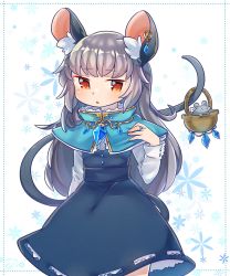 Rule 34 | 1girl, alternate hair length, alternate hairstyle, animal ears, basket, blue dress, blush, capelet, clothing request, copyright request, dress, earrings, flower, gem, grey hair, highres, ibaraki natou, jewelry, looking at viewer, mouse (animal), mouse ears, mouse girl, mouse tail, nazrin, open mouth, orange eyes, ring, simple background, tagme, tail, touhou, white background