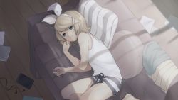 Rule 34 | 1girl, binchou maguro, blonde hair, blue eyes, bow, cellphone, commentary, couch, cushion, from above, hair bow, hair ornament, hairclip, headphones, highres, indoors, kagamine rin, lying, on couch, on side, paper, phone, pillow, shirt, short shorts, shorts, sleeveless, sleeveless shirt, smartphone, solo, vocaloid, white bow, white shirt, wooden floor