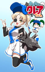 Rule 34 | :d, baseball, baseball (object), baseball helmet, belt, belt buckle, black shirt, black thighhighs, blonde hair, blue background, blue belt, blue headwear, brown eyes, buckle, character request, club, club (weapon), commentary request, eyepatch, gradient background, green hair, helmet, highres, holding, layered sleeves, long sleeves, nijisanji, open mouth, parted bangs, pettan p, pleated skirt, shirt, shoes, short over long sleeves, short sleeves, sister claire, skirt, smile, spiked club, thighhighs, translation request, twintails, v-shaped eyebrows, virtual youtuber, weapon, white footwear, white shirt, white skirt