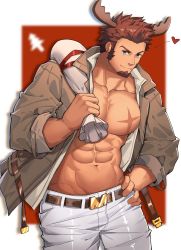 Rule 34 | 1boy, abs, animal ears, bara, bare pectorals, belt, blue eyes, brown hair, brown jacket, cross scar, deer ears, facial hair, fate/grand order, fate (series), goatee, hand on own hip, highres, holding, holding sack, jacket, large pectorals, long sideburns, looking at viewer, muscular, muscular male, napoleon bonaparte (fate), navel, open clothes, open jacket, open shirt, pants, pectorals, sack, scar, scar on chest, shirt, short hair, sideburns, solo, tekkowang, white pants, white shirt