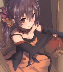 Rule 34 | 10s, 1girl, akebono (kancolle), bare shoulders, basket, black gloves, breasts, brown eyes, brown hair, candy, cleavage, collar, collarbone, dress, dyson (edaokunnsaikouya), fingerless gloves, food, food-themed hair ornament, from above, gloves, glowing, hair between eyes, hair ornament, hair ribbon, halloween, indoors, jack-o&#039;-lantern, kantai collection, looking at viewer, off shoulder, one side up, open door, orange dress, outstretched arm, pumpkin hair ornament, ribbon, running bond, small breasts, solo, teardrop, tears, wavy mouth, wooden floor