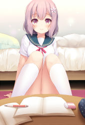 Rule 34 | 1girl, arm support, bare arms, bed, bedroom, blue sailor collar, blush, book, breasts, closed mouth, commentary request, eraser, flower, hair flower, hair ornament, kneehighs, knees up, komone ushio, looking at viewer, neck ribbon, notebook, open book, original, pen, pencil case, pillow, purple eyes, purple hair, red ribbon, ribbon, sailor collar, school uniform, serafuku, shirt, short hair, sitting, smile, socks, solo, table, tareme, thighs, white flower, white shirt, white socks