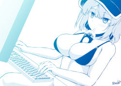 Rule 34 | 1girl, bikini, blue theme, blush, breasts, bubble tea, bubble tea challenge, cleavage, closed mouth, commentary request, cowboy shot, drinking straw, drinking straw in mouth, flat cap, hair bobbles, hair ornament, hat, highres, kagiyama shachou, kawashiro nitori, keyboard (computer), large breasts, medium hair, monitor, monochrome, sidelocks, simple background, solo, swimsuit, touhou, two side up, upper body
