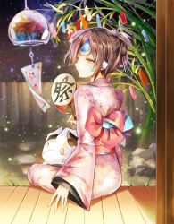 Rule 34 | 1girl, brown hair, elsword, eve (elsword), facial mark, hand fan, holding, holding fan, japanese clothes, kimono, looking at viewer, looking back, nairofu, night, obi, outdoors, pink kimono, remy (elsword), sash, short hair, sitting, sky, solo, star (sky), starry sky, yellow eyes, yukata