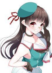 Rule 34 | &gt;:), 10s, 1girl, absurdres, adjusting eyewear, armpits, bare shoulders, beret, blunt bangs, blush, breasts, brown gloves, brown hair, choker, choukai (kancolle), cleavage, closed mouth, collarbone, collared vest, cowboy shot, from side, glasses, gloves, green hat, green vest, hand on own hip, hand up, hat, hat ribbon, highres, kantai collection, large breasts, long hair, looking at viewer, looking to the side, nebusoku, neckerchief, pleated skirt, red eyes, red ribbon, ribbon, rimless eyewear, simple background, skirt, smile, solo, upper body, v-shaped eyebrows, very long hair, vest, white background, white skirt