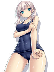 Rule 34 | 1girl, :&lt;, aqua eyes, bare shoulders, blush, breast hold, breasts, cameltoe, cleavage, covered navel, from below, looking at viewer, looking down, one-piece swimsuit, original, school swimsuit, shiny clothes, shiny skin, short hair, silver hair, simple background, solo, swimsuit, tsukumiya amane, twintails, wet, white background