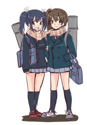 Rule 34 | 10s, 2girls, alternate costume, arm grab, bag, black eyes, black hair, bookbag, brown eyes, brown hair, contemporary, hair ribbon, hands in pockets, hiryuu (kancolle), kantai collection, loafers, looking at viewer, multiple girls, open mouth, personification, ponytail, ribbon, sanpachishiki (gyokusai-jima), scarf, school bag, school uniform, shared clothes, shared scarf, shoes, side ponytail, sketch, sleeves past wrists, smile, sneakers, souryuu (kancolle), twintails