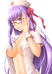 Rule 34 | 1girl, ;p, adjusting clothes, adjusting headwear, alternate costume, areola slip, bb (bb shot!) (fate), bb (fate), bb (fate/extra), bespectacled, black-framed eyewear, blush, breasts, collarbone, cross, fate/grand order, fate (series), glasses, hair ribbon, hat, highres, jewelry, long hair, medium breasts, navel, nipple slip, nipples, no bra, nurse, nurse cap, one eye closed, open clothes, pink ribbon, purple eyes, purple hair, red cross, ribbon, ring, short sleeves, simple background, sin-go, smile, solo, straight hair, tongue, tongue out, unbuttoned, upper body, white background, wrist cuffs