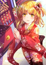Rule 34 | 1girl, alternate costume, back bow, blonde hair, blush, bow, commentary request, day, feet out of frame, fingernails, floral print, flower, from above, hair flower, hair ornament, hair tubes, highres, japanese clothes, kimono, light smile, looking at viewer, medium hair, moriya suwako, new year, one side up, open mouth, outdoors, own hands together, red kimono, sidelocks, solo, standing, tile floor, tiles, torottye, touhou, upper body, wide sleeves, yellow eyes