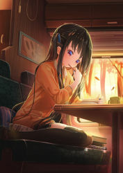 Rule 34 | 1girl, aiuabo, black thighhighs, cardigan, commentary, eating, highres, indoors, long hair, necktie, original, reading, sitting, solo, thighhighs, wariza