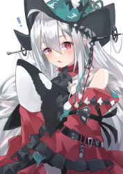 Rule 34 | 1girl, :o, ahoge, aqua hat, arknights, ascot, bare shoulders, black ascot, blue gloves, blush, detached sleeves, dress, frilled sleeves, frills, gloves, hat, holding, holding stuffed toy, long hair, long sleeves, looking at viewer, open mouth, red dress, red eyes, silver hair, skadi (arknights), skadi the corrupting heart (arknights), solo, stuffed orca, stuffed toy, tsuyuki yuki, upper body, very long hair, wide sleeves