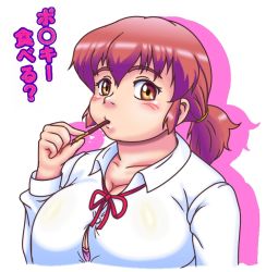 Rule 34 | 1girl, blush, breasts, brown eyes, facing viewer, fat, food, huge breasts, inamori futayo, looking at viewer, original, orizen, pocky, red hair, simple background, solo, white background