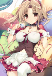 Rule 34 | 1girl, :o, absurdres, ahoge, apron, blush, breasts, brown eyes, choker, cleavage, commentary, food, hair intakes, hair ornament, hairclip, hand on own chest, highres, holding, holding food, jewelry, karory, key, key necklace, knee up, light brown hair, looking at viewer, lying, macaron, medium breasts, navel, necklace, on back, original, pillow, red skirt, ribbon, short hair, short sleeves, sidelocks, skirt, solo, thighhighs, waist apron, white thighhighs, wrist cuffs
