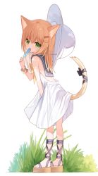 Rule 34 | 1girl, animal ear fluff, animal ears, backless dress, backless outfit, bare arms, bare shoulders, black bow, black sailor collar, blonde hair, bow, brown footwear, cat ears, cat girl, cat tail, dress, food, from side, full body, green eyes, hair between eyes, hair ornament, hairclip, hat, hat on back, holding, holding food, long hair, looking at viewer, looking to the side, original, popsicle, sailor collar, sailor dress, sandals, sleeveless, sleeveless dress, solo, standing, sun hat, tail, tail bow, tail ornament, white background, white dress, white hat, yuuhagi (amaretto-no-natsu)