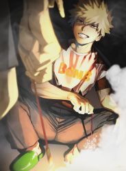 Rule 34 | 2boys, bakugou katsuki, blonde hair, blurry, boku no hero academia, depth of field, fireworks, full body, grin, highres, holding, looking at another, male focus, multiple boys, noise, pants, pointing, print shirt, red eyes, senkou hanabi, shirt, shoco (sco labo), short hair, shorts, slippers, slouching, smile, smoke, solo focus, sparkler, spiked hair, spread legs, squatting, t-shirt, teeth, uneven eyes