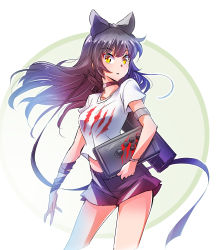 Rule 34 | 1girl, armlet, black bow, black hair, black shorts, blake belladonna, bow, bracelet, choker, cobblestone, collarbone, floating hair, hair bow, highres, holding, iesupa, jewelry, long hair, looking at viewer, parted lips, print shirt, rwby, shirt, short shorts, short sleeves, shorts, simple background, slit pupils, solo, standing, very long hair, white background, white shirt, yellow eyes