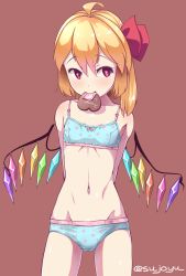 Rule 34 | 1girl, arms behind back, blonde hair, blue bra, blue panties, bow, bow bra, bra, breasts, candy, chocolate, chocolate heart, collarbone, condom, condom in mouth, crotch seam, flandre scarlet, food, hair between eyes, hair ribbon, heart, heart-shaped pupils, heart print, incoming gift, looking at viewer, looking away, looking to the side, medium hair, mouth hold, navel, panties, red eyes, ribbon, side ponytail, small breasts, solo, sushoyushi, symbol-shaped pupils, touhou, training bra, underwear, underwear only, valentine, wings