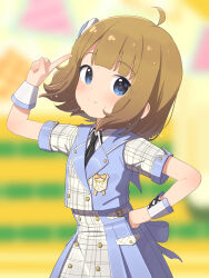 Rule 34 | 1girl, ahoge, black necktie, blue eyes, blunt bangs, blurry, blurry background, brown hair, clenched hand, closed mouth, commentary request, depth of field, future signature (idolmaster), hand on own hip, highres, idolmaster, idolmaster million live!, idolmaster million live! theater days, looking at viewer, matanukinuki, necktie, pointing, pointing up, short hair, smile, solo, suou momoko, sweat, tareme, upper body