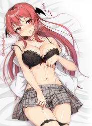 Rule 34 | 1girl, :q, absurdres, amagi (amagi626), black bra, black panties, blush, bra, breasts, cleavage, collarbone, commentary request, eyelashes, grey skirt, head wings, highres, koakuma, lace, lace-trimmed bra, lace trim, large breasts, long hair, lying, miniskirt, nail polish, naughty face, navel, on back, open clothes, open shirt, panties, panty pull, plaid, plaid skirt, red eyes, red hair, red nails, shiny skin, shirt, sidelocks, skirt, solo, steam, sweat, thighs, tongue, tongue out, touhou, translation request, underwear, white shirt, wings