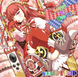 Rule 34 | 1girl, album cover, beatmania, beatmania iidx, blush, cover, elbow gloves, food, gloves, long hair, one eye closed, pink eyes, red hair, rondo umigame, solo, sweets, thighhighs, two side up, umegiri ameto, wink