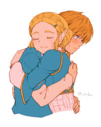 Rule 34 | blonde hair, blue eyes, blush, braid, closed eyes, closed mouth, commentary request, embarrassed, from side, hair between eyes, hair ornament, hairclip, hug, link, long sleeves, looking away, medium hair, nintendo, parted bangs, pointy ears, princess zelda, saiba (henrietta), shirt, sidelocks, simple background, sweatdrop, the legend of zelda, the legend of zelda: breath of the wild, the legend of zelda: tears of the kingdom, thick eyebrows, twitter username, upper body, white background