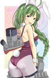 Rule 34 | 10s, 1girl, animal ears, ass, braid, fake animal ears, gradient background, green hair, honeycomb (pattern), honeycomb background, honeycomb pattern, kantai collection, leotard, long hair, looking back, mole, mole under mouth, naughty face, pantyhose, playboy bunny, rabbit ears, shimouki izui, single braid, solo, tongue, tongue out, white pantyhose, yuugumo (kancolle)