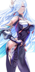 Rule 34 | 1girl, ass, bare shoulders, black gloves, blue eyes, blush, bodysuit, braid, breasts, bridal gauntlets, clothing cutout, covered navel, elbow gloves, genshin impact, gloves, green eyes, hair ornament, hair over one eye, highres, hip vent, large breasts, long hair, long sleeves, looking at viewer, low-braided long hair, low-tied long hair, open mouth, partially fingerless gloves, puffy long sleeves, puffy sleeves, shenhe (genshin impact), shiny clothes, shiny skin, shoulder cutout, silver hair, solo, tabard, tassel, thighs, uenoryoma, very long hair