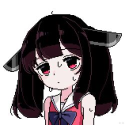 Rule 34 | ++ (9oafxjjhuktkdef), 1girl, bare shoulders, blade, bow, bowtie, closed mouth, collared dress, dress, furrowed brow, headgear, light blush, looking at viewer, lowres, medium hair, nervous, pink dress, pixel art, purple bow, purple bowtie, red eyes, sailor collar, sleeveless, sleeveless dress, solo, sweat, touhoku kiritan, twintails, upper body, voiceroid, white background, white sailor collar