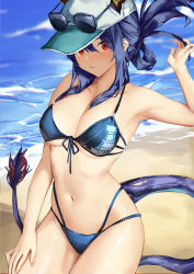 Rule 34 | 1girl, arknights, armpits, ass, beach, bikini, blue bikini, blue hair, blush, breasts, ch&#039;en (arknights), ch&#039;en the holungday (elite ii) (arknights), cleavage, closed mouth, cowboy shot, dragon girl, dragon horns, dragon tail, eyewear on headwear, folded ponytail, front-tie bikini top, front-tie top, fur-tipped tail, hair between eyes, hair tie, hand up, hat, highres, horns, horns through headwear, looking at viewer, medium breasts, multi-strapped bikini, nashidrop, navel, official alternate hairstyle, outdoors, red eyes, sand, sidelocks, signature, solo, stomach, sunglasses, swimsuit, tail, water
