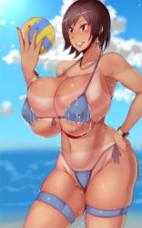 Rule 34 | 1girl, areola slip, ball, beach, bikini, bracelet, breasts, brown hair, curvy, female pubic hair, grin, hand on own hip, holding, holding ball, huge breasts, jewelry, kazama asuka, lactation, lactation through clothes, large areolae, micro bikini, mucc (ren0522), outdoors, pubic hair, pubic hair peek, short hair, side-tie bikini bottom, skindentation, smile, solo, sparkle, swimsuit, tagme, tan, tanline, tekken, thigh strap, volleyball (object), wet, wet clothes