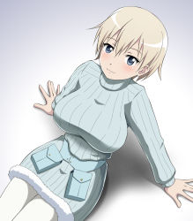 Rule 34 | 1girl, arm support, blonde hair, blue eyes, blue sweater, blush, brave witches, breasts, closed mouth, hiro yoshinaka, large breasts, looking at viewer, nikka edvardine katajainen, pantyhose, shadow, shiny skin, short hair, simple background, sitting, smile, solo, sweater, white background, white pantyhose, world witches series