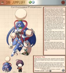 Rule 34 | 1boy, 1girl, artist name, black hair, blue hair, blue skin, breasts, brown background, character name, character profile, cleavage, clothing request, colored skin, commentary, creatures (company), english commentary, english text, foot wraps, game freak, gen 2 pokemon, highres, jumpluff, kinkymation, large breasts, long hair, monster girl, nintendo, personification, plant girl, plant on head, poke ball, poke ball (basic), pokemon, red eyes, uncensored, very long hair
