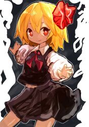 Rule 34 | 1girl, 9302w (user wjpg8475), black skirt, black vest, blonde hair, closed mouth, collared shirt, cowboy shot, hair ribbon, highres, long sleeves, looking at viewer, medium hair, neck ribbon, outstretched arms, red eyes, red ribbon, ribbon, rumia, shirt, skirt, smile, solo, spread arms, touhou, vest, white shirt