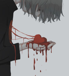 Rule 34 | 1boy, absurdres, avogado6, bags under eyes, black shirt, blood, blood string, commentary request, cupping hands, cut marks, from side, grey background, heart, heart out of chest, highres, looking down, male focus, original, own hands together, shirt, simple background, solo