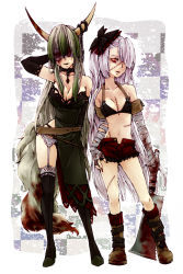 Rule 34 | 2girls, adapted costume, alternate hairstyle, arm behind head, asymmetrical hair, bad id, bad pixiv id, bandages, belt, black gloves, black panties, black thighhighs, blindfold, blood, boots, bow, breasts, chain, choker, cleavage, collarbone, dress, elbow gloves, ex-keine, female focus, fujiwara no mokou, garter belt, gloves, green hair, hair bow, hip focus, horns, injury, kamishirasawa keine, long hair, multiple girls, nail polish, no shirt, panties, red eyes, red nails, sacanahen, short shorts, shorts, side slit, standing, stitches, straight hair, tail, thigh boots, thighhighs, touhou, underwear, very long hair, white hair