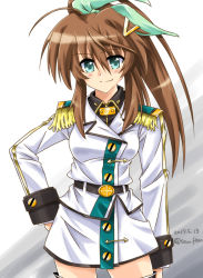 Rule 34 | 1girl, adapted uniform, aged up, ahoge, belt, black belt, black footwear, black shirt, boots, brown hair, collared shirt, commentary request, cowboy shot, dated, epaulettes, fuka reventon, green eyes, green ribbon, hair ornament, hair ribbon, hairclip, hand on own hip, jacket, long hair, long sleeves, looking at viewer, lyrical nanoha, magical girl, miniskirt, partial commentary, ponytail, ribbon, san-pon, shirt, sidelocks, skirt, smile, solo, standing, thigh boots, thighhighs, twitter username, vivid strike!, white jacket, white skirt, wing collar