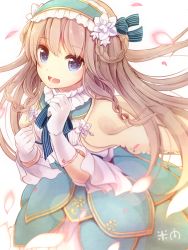 Rule 34 | 1girl, :d, blue dress, blue eyes, braid, braided hair rings, capelet, dress, frilled hairband, frills, gloves, grey hair, hair rings, hairband, hands up, long hair, looking at viewer, open mouth, original, petals, smile, solo, teeth, white gloves, yonema