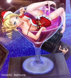 Rule 34 | 1girl, bare shoulders, blonde hair, blue eyes, breasts, catherine, catherine (game), cherry, christmas, cleavage, demon girl, drill hair, covered erect nipples, ikemura hiroichi, lipstick, looking at viewer, makeup, medium breasts, panties, parted lips, santa costume, santa hat, thighhighs, twin drills, twintails, underwear